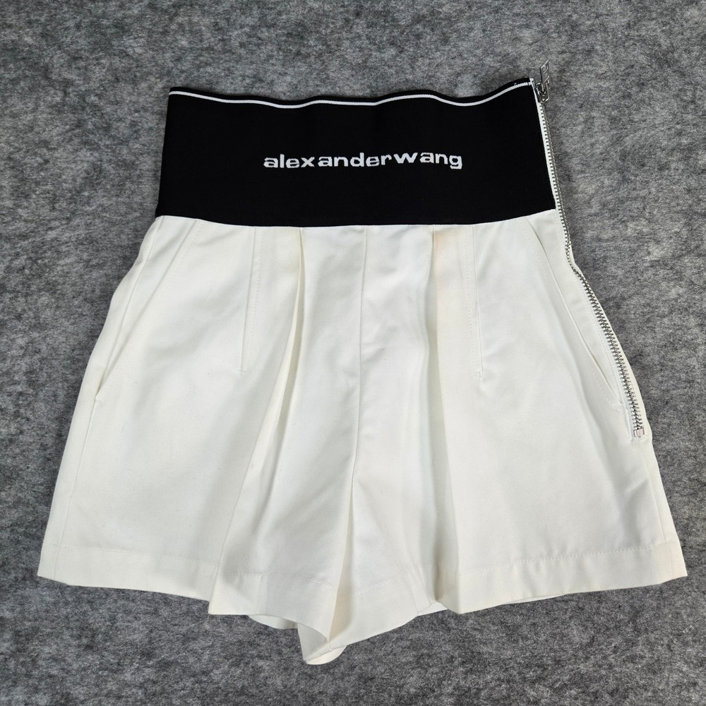 Alexander Wang White Safari Logo Elastic Exposed Zipper Shorts Women Size 0